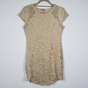 INF DESIGNS‎ Dress Women L/XL Beige Gold Glitter Swirl Embellished Short Sleeve